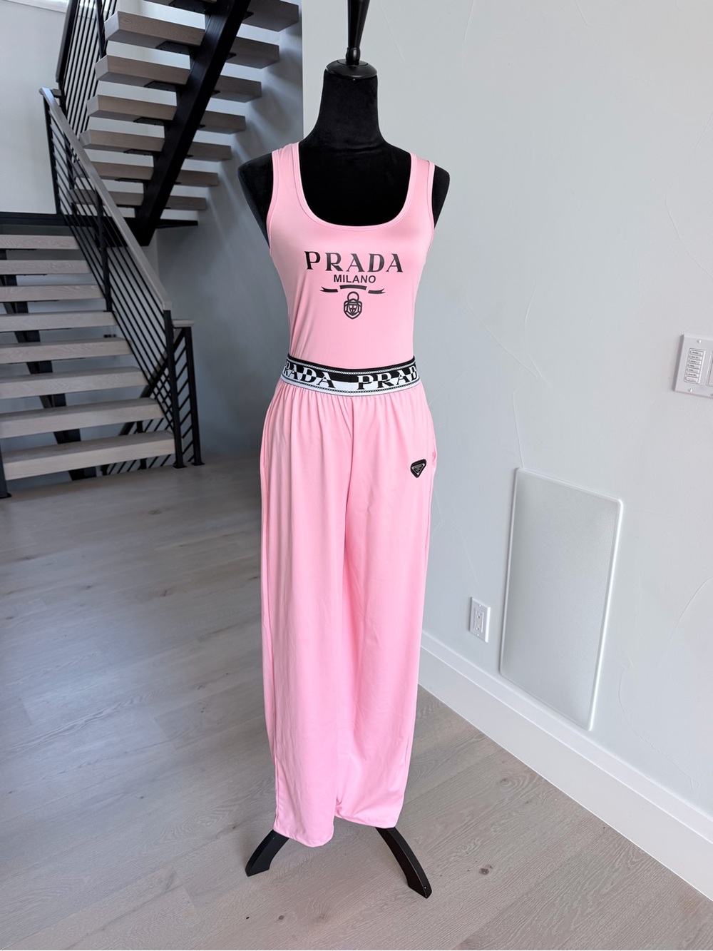 Prada Pink Logo Tank with Wide-Leg Lounge Pants with pockets matching set size S
